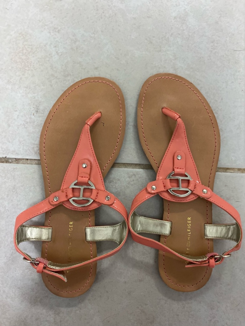 Tommy Hilfiger Coral T-Strap Sandals with Gold Accent Hardware
